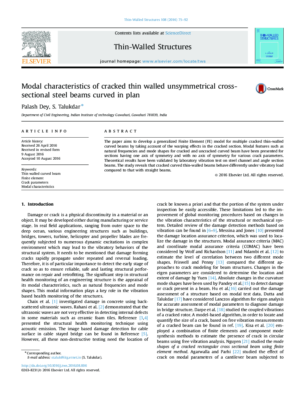 Modal characteristics of cracked thin walled unsymmetrical cross-sectional steel beams curved in plan