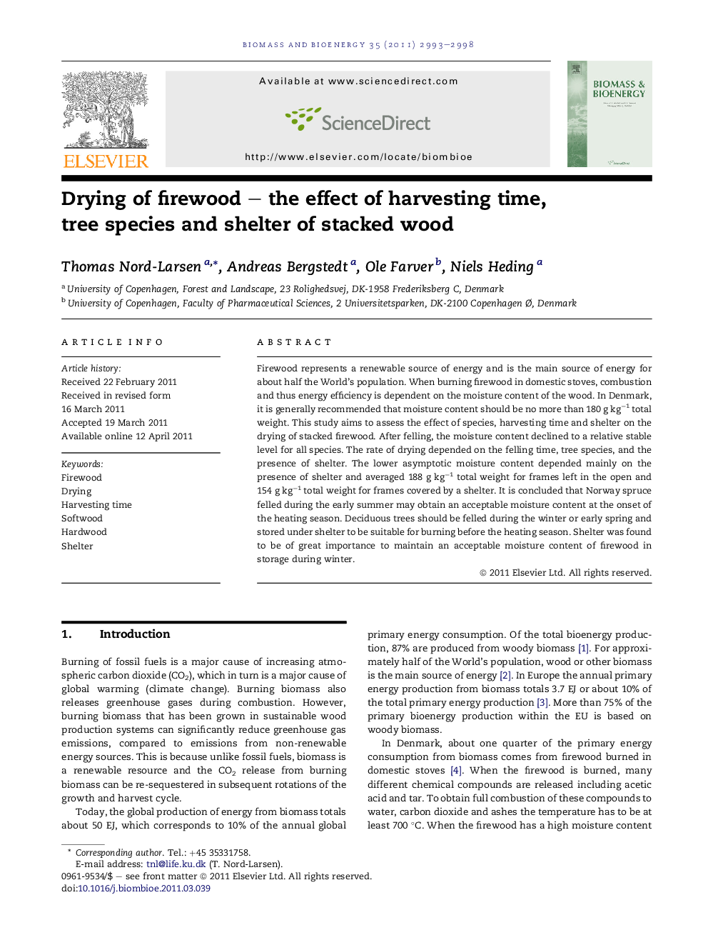 Drying of firewood – the effect of harvesting time, tree species and shelter of stacked wood