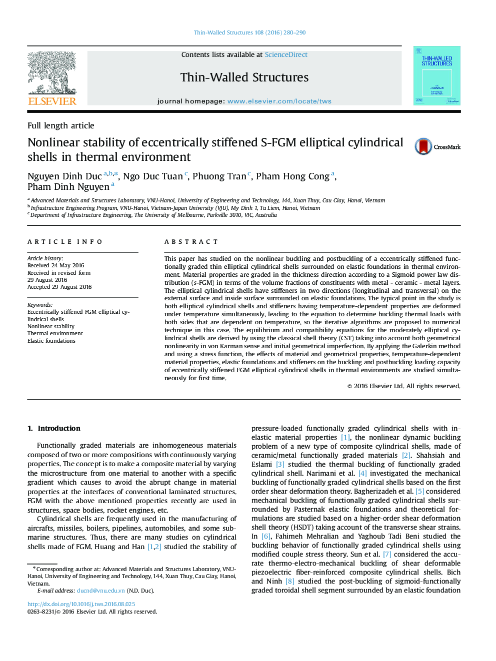 Nonlinear stability of eccentrically stiffened S-FGM elliptical cylindrical shells in thermal environment