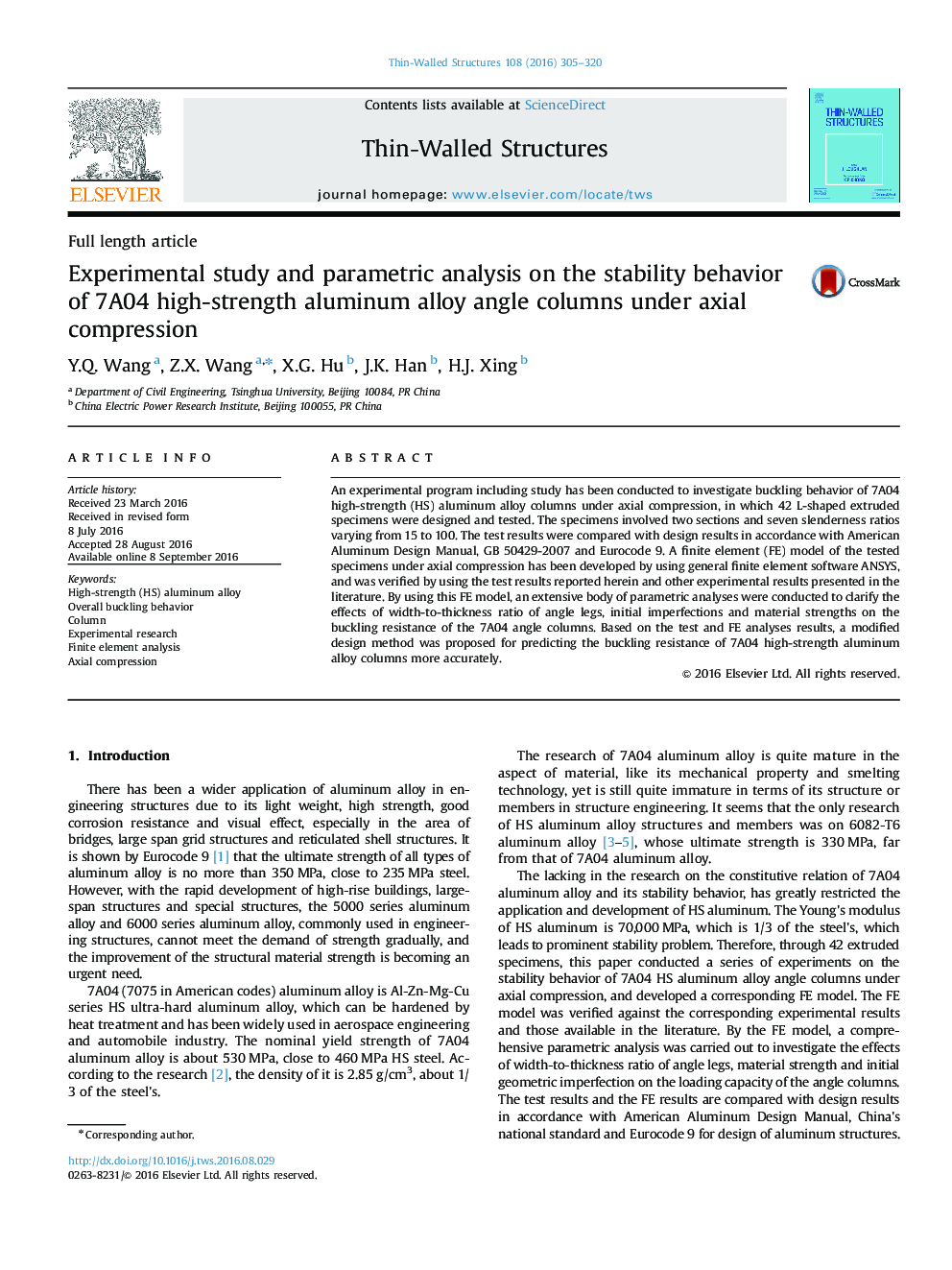 Experimental study and parametric analysis on the stability behavior of 7A04 high-strength aluminum alloy angle columns under axial compression