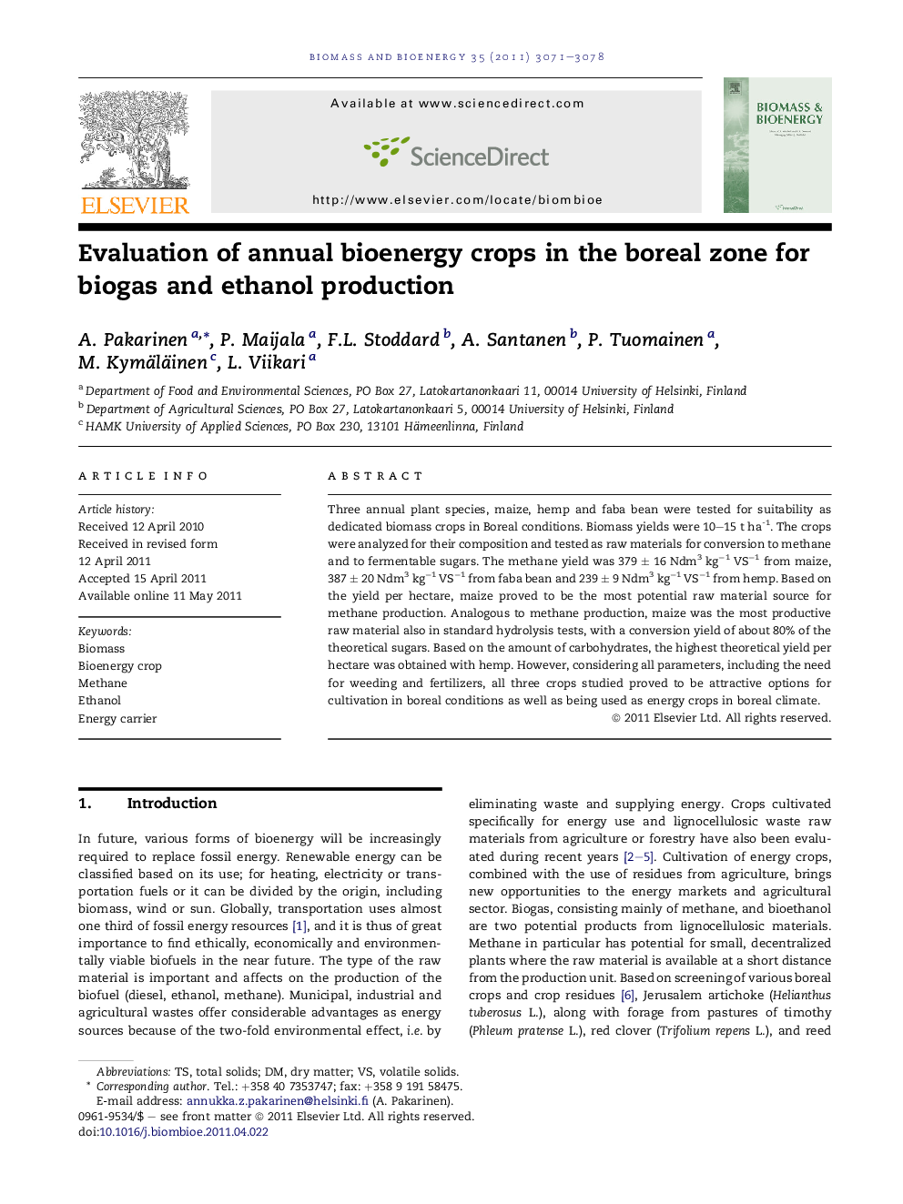 Evaluation of annual bioenergy crops in the boreal zone for biogas and ethanol production