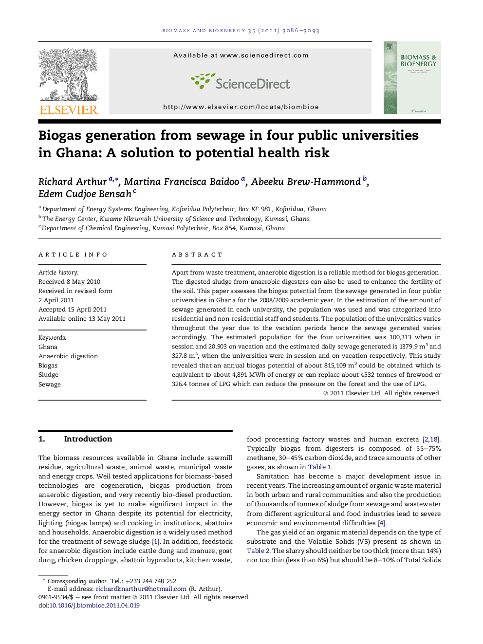 Biogas generation from sewage in four public universities in Ghana: A solution to potential health risk