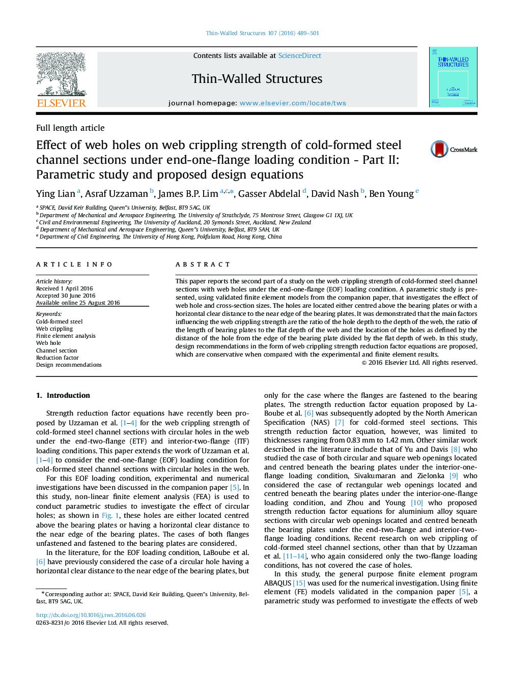 Effect of web holes on web crippling strength of cold-formed steel channel sections under end-one-flange loading condition - Part II: Parametric study and proposed design equations