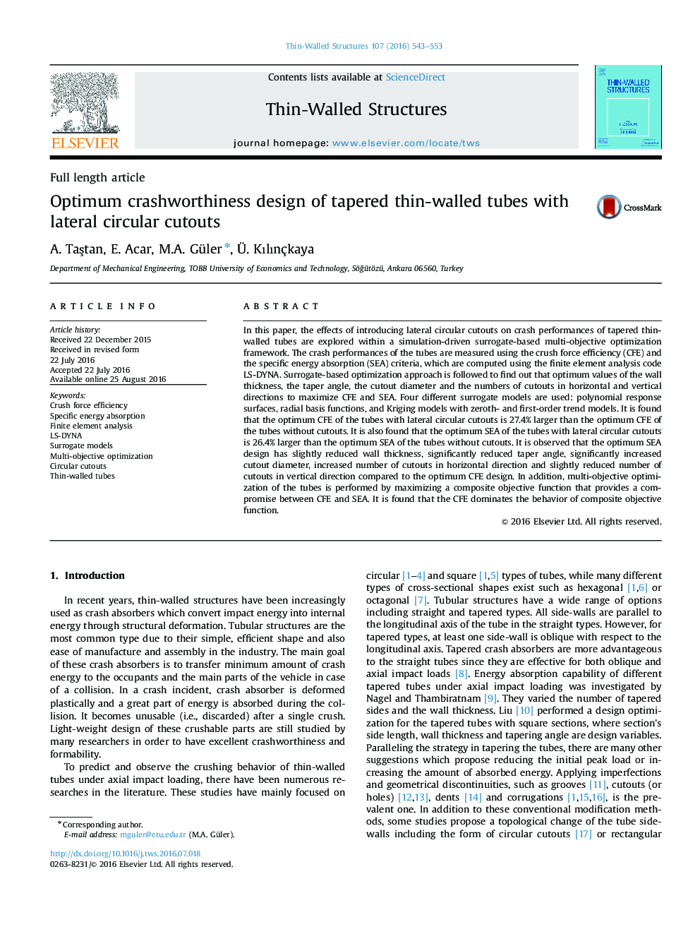 Optimum crashworthiness design of tapered thin-walled tubes with lateral circular cutouts