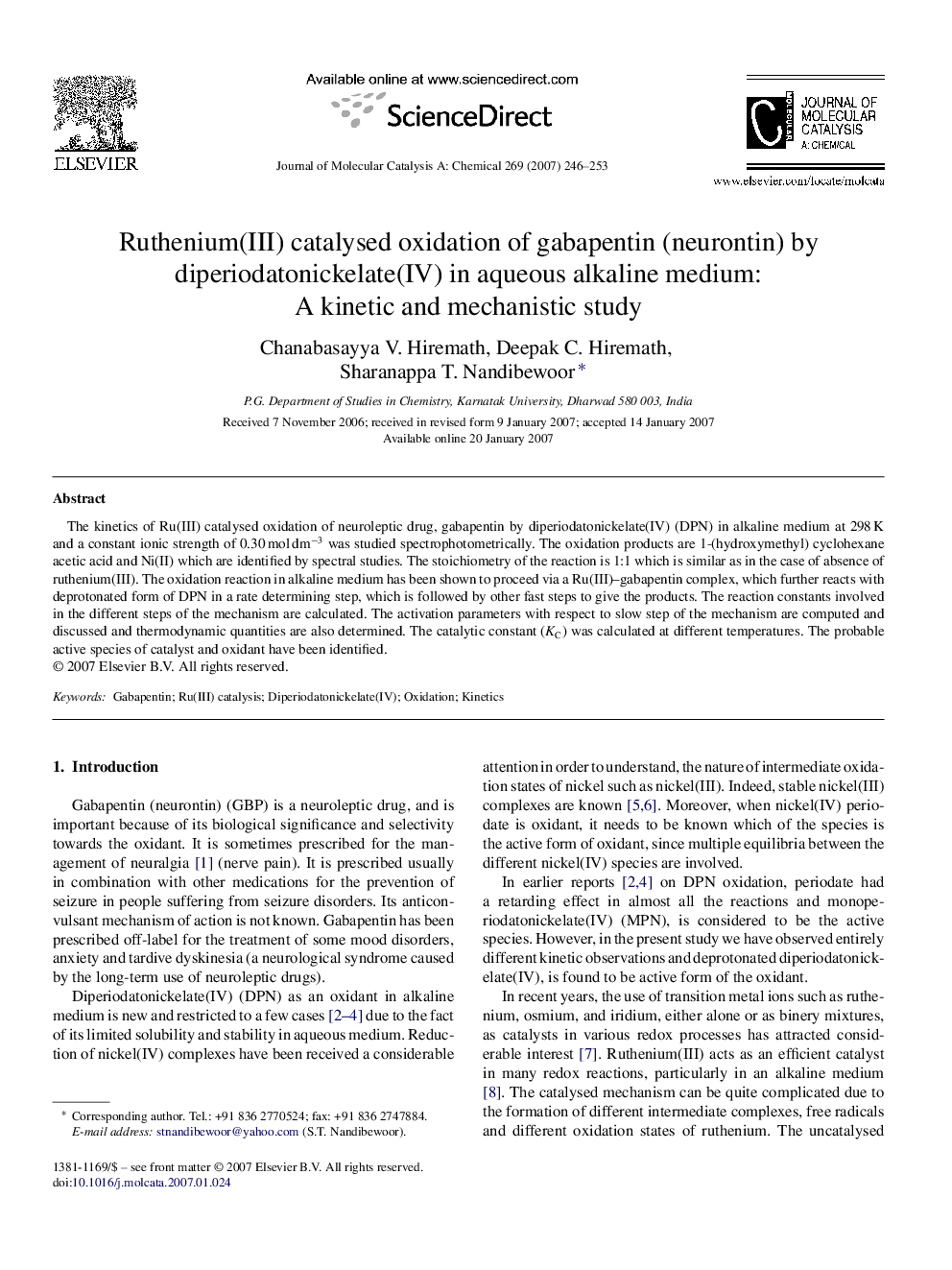 Ruthenium(III) catalysed oxidation of gabapentin (neurontin) by diperiodatonickelate(IV) in aqueous alkaline medium: A kinetic and mechanistic study