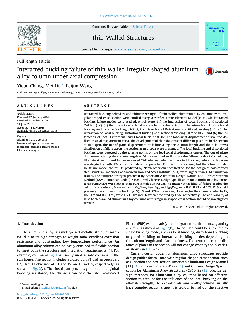 Interacted buckling failure of thin-walled irregular-shaped aluminum alloy column under axial compression