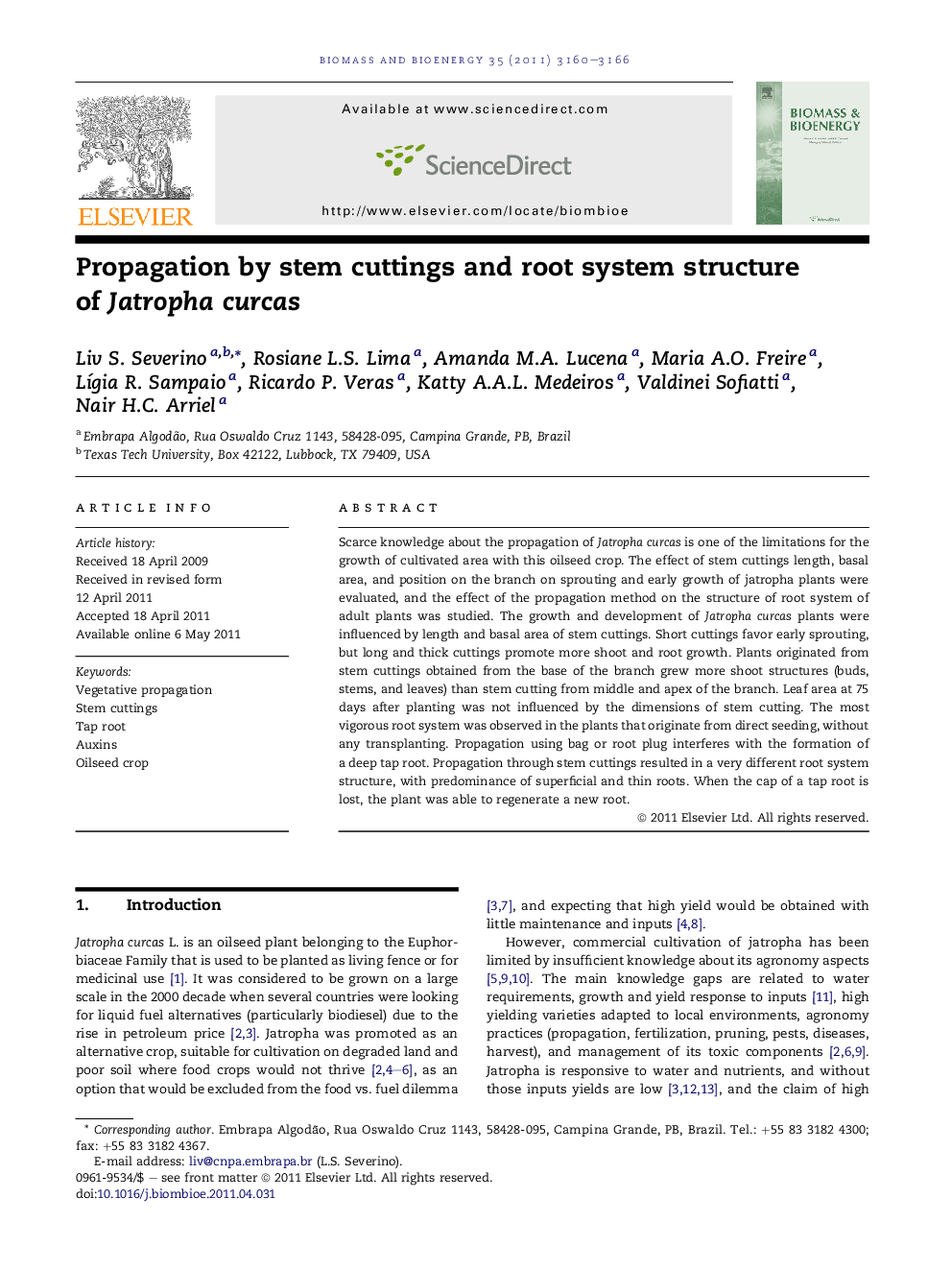 Propagation by stem cuttings and root system structure of Jatropha curcas