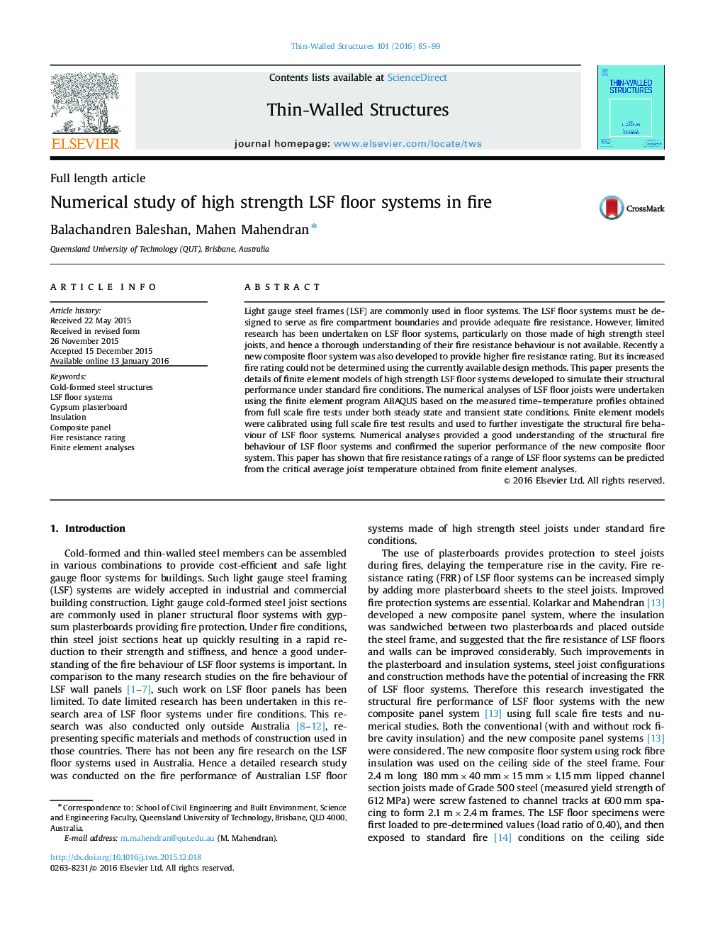 Numerical study of high strength LSF floor systems in fire