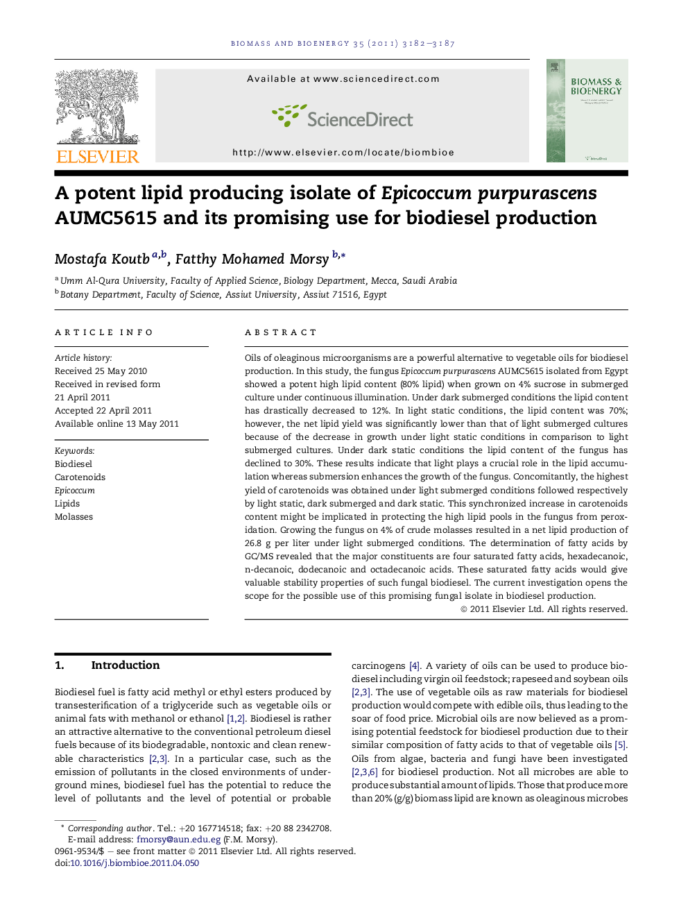 A potent lipid producing isolate of Epicoccum purpurascens AUMC5615 and its promising use for biodiesel production