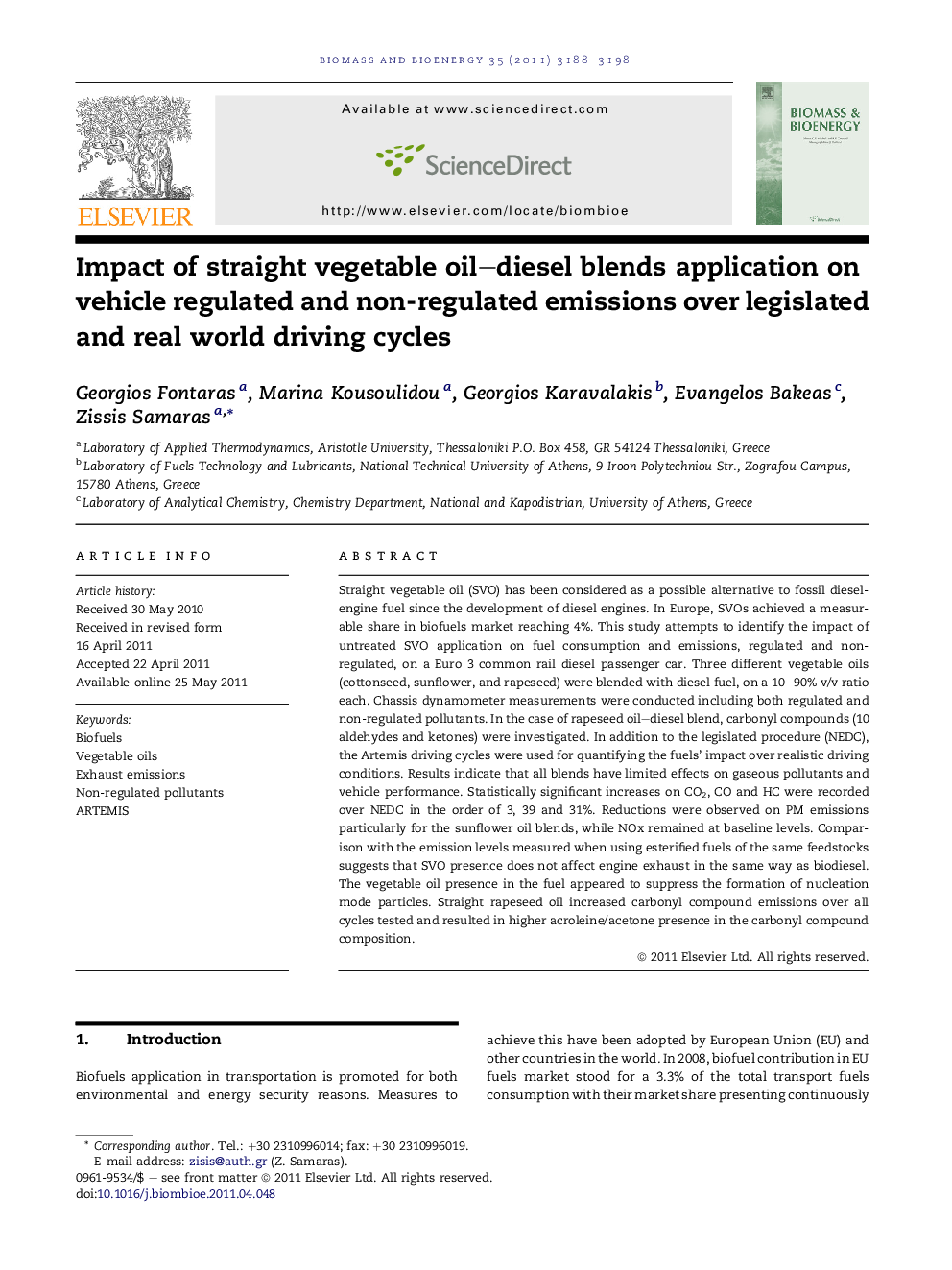 Impact of straight vegetable oil–diesel blends application on vehicle regulated and non-regulated emissions over legislated and real world driving cycles