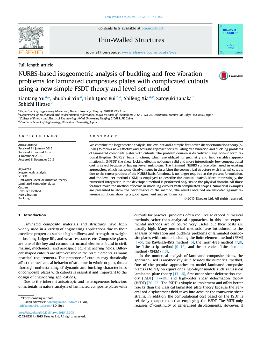 NURBS-based isogeometric analysis of buckling and free vibration problems for laminated composites plates with complicated cutouts using a new simple FSDT theory and level set method