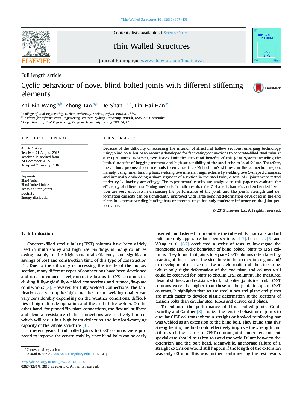 Cyclic behaviour of novel blind bolted joints with different stiffening elements