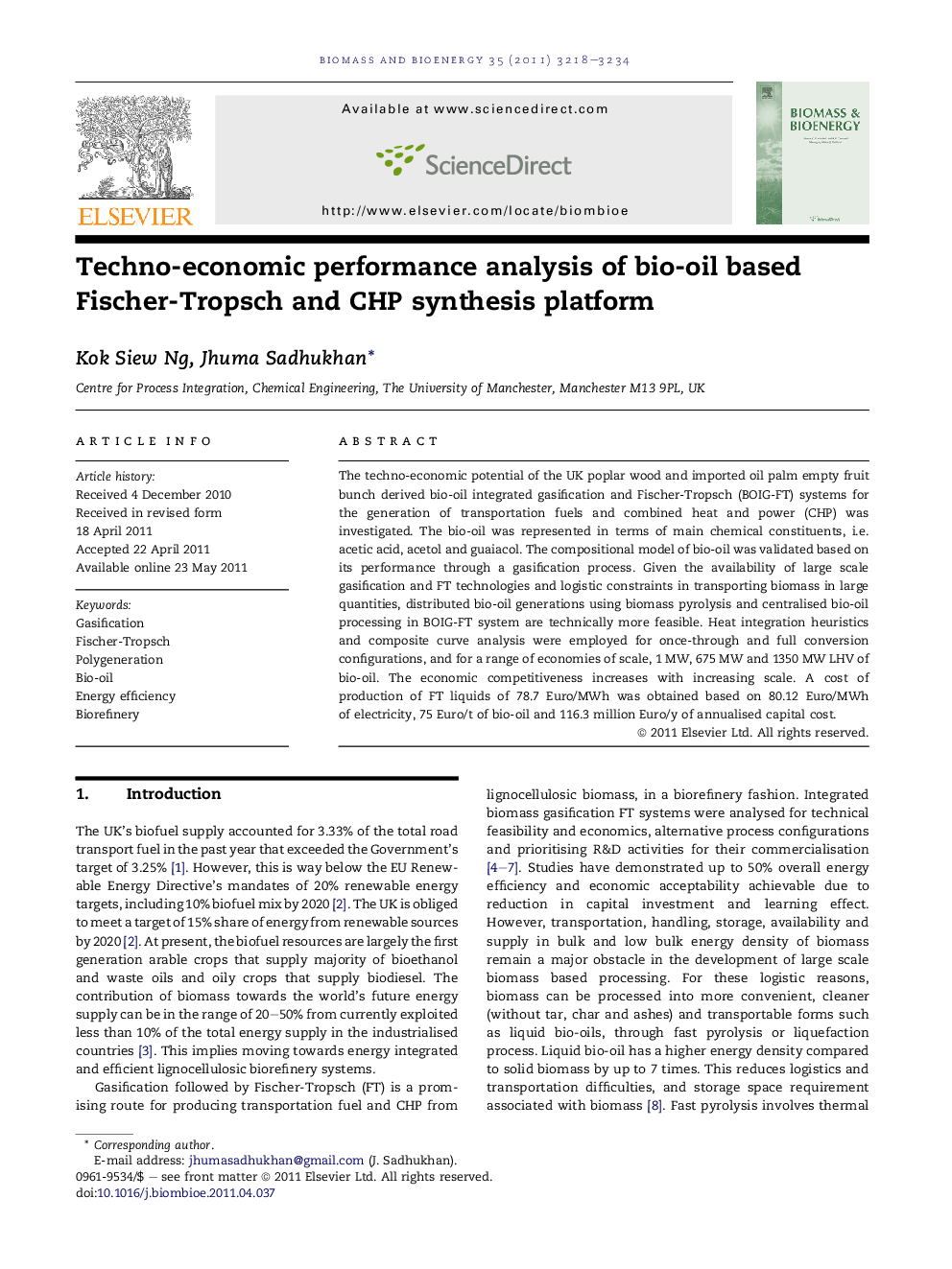 Techno-economic performance analysis of bio-oil based Fischer-Tropsch and CHP synthesis platform