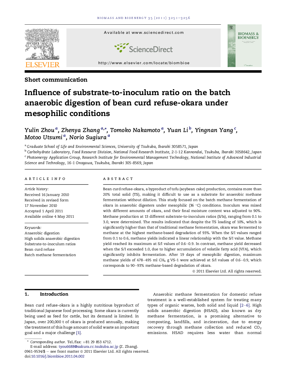 Influence of substrate-to-inoculum ratio on the batch anaerobic digestion of bean curd refuse-okara under mesophilic conditions