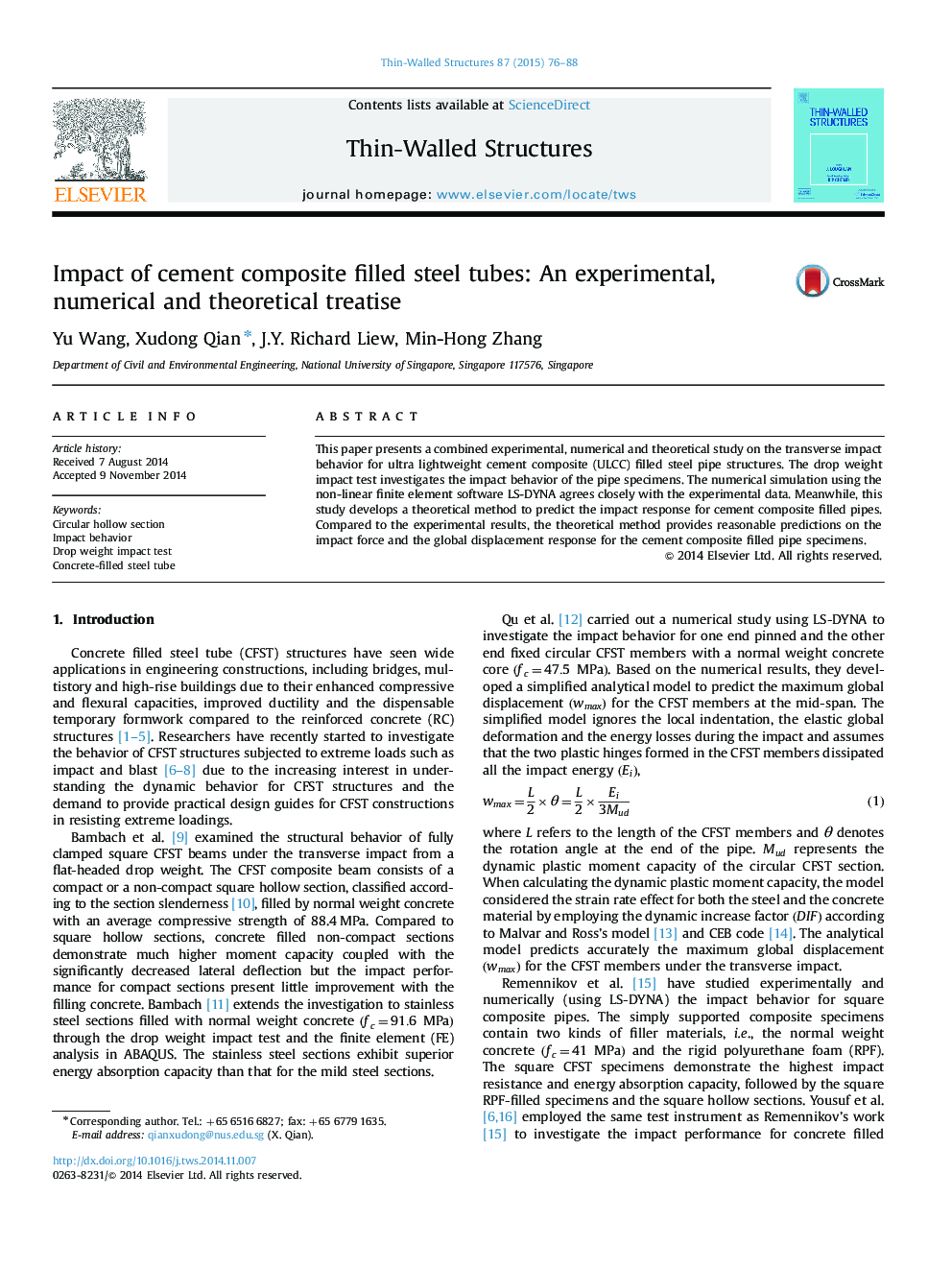 Impact of cement composite filled steel tubes: An experimental, numerical and theoretical treatise