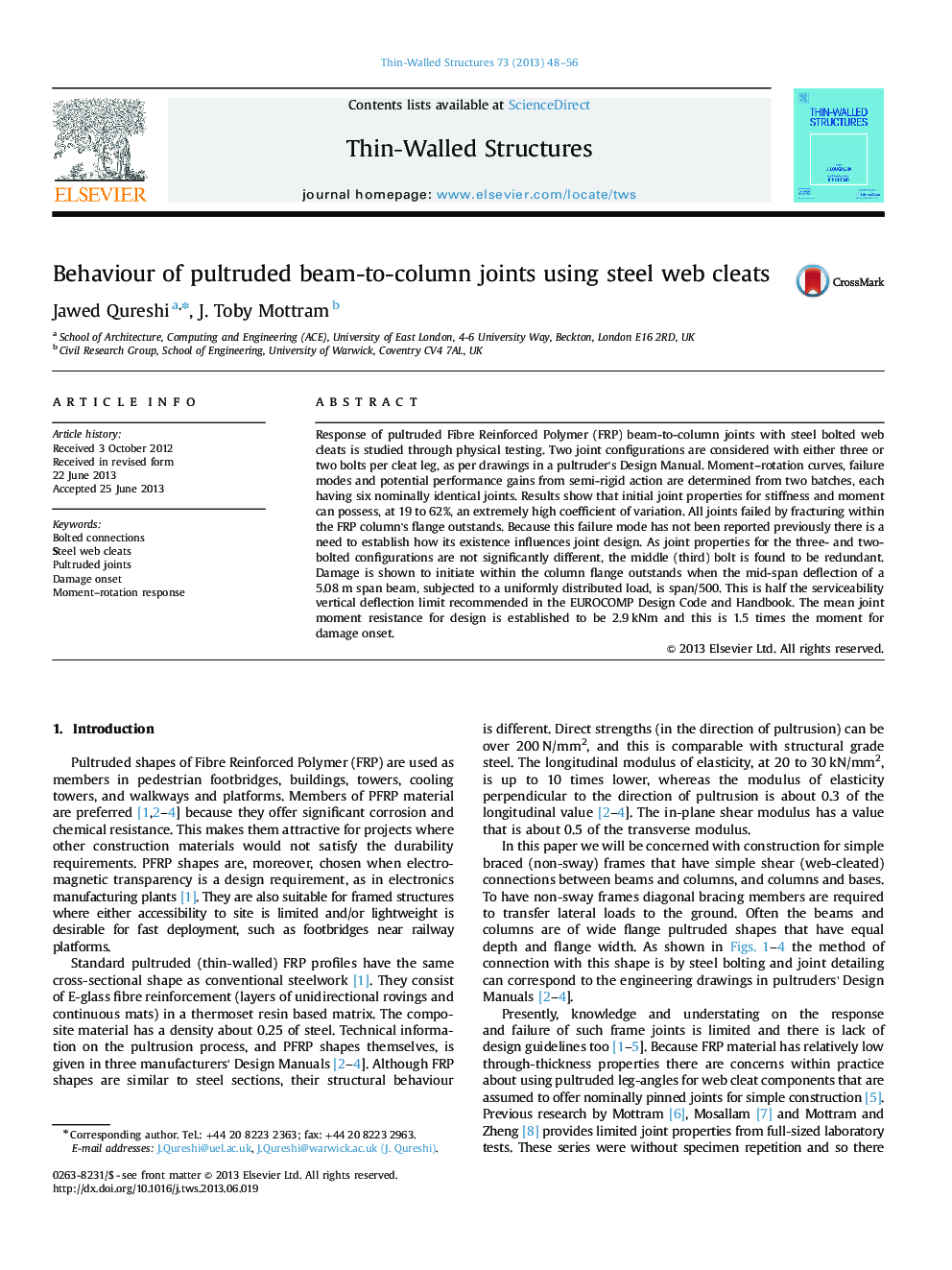 Behaviour of pultruded beam-to-column joints using steel web cleats