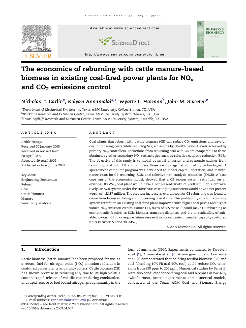 The economics of reburning with cattle manure-based biomass in existing coal-fired power plants for NOx and CO2 emissions control