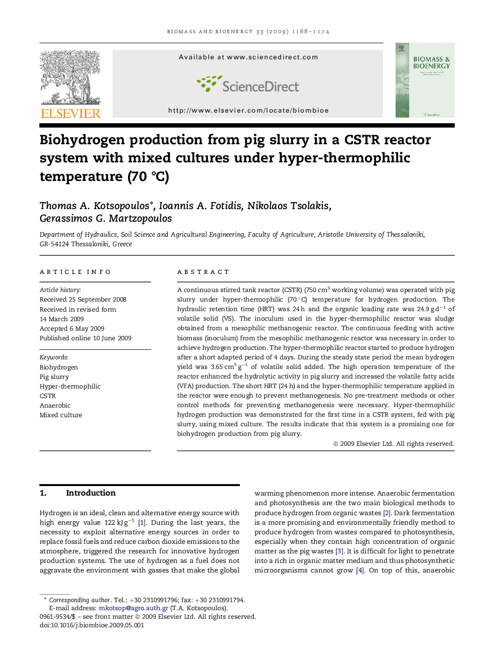 Biohydrogen production from pig slurry in a CSTR reactor system with mixed cultures under hyper-thermophilic temperature (70 °C)