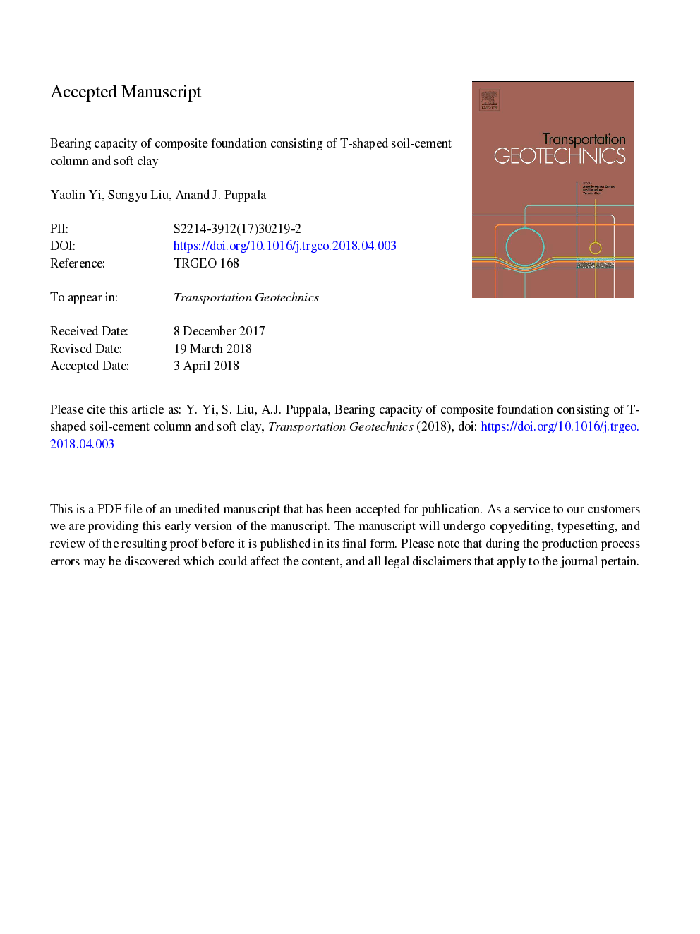 Bearing capacity of composite foundation consisting of T-shaped soil-cement column and soft clay