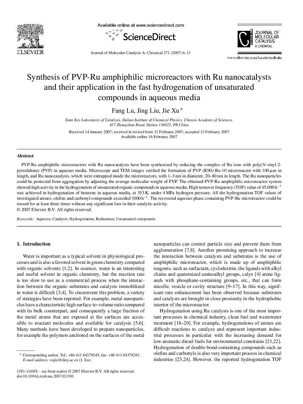 Synthesis of PVP-Ru amphiphilic microreactors with Ru nanocatalysts and their application in the fast hydrogenation of unsaturated compounds in aqueous media