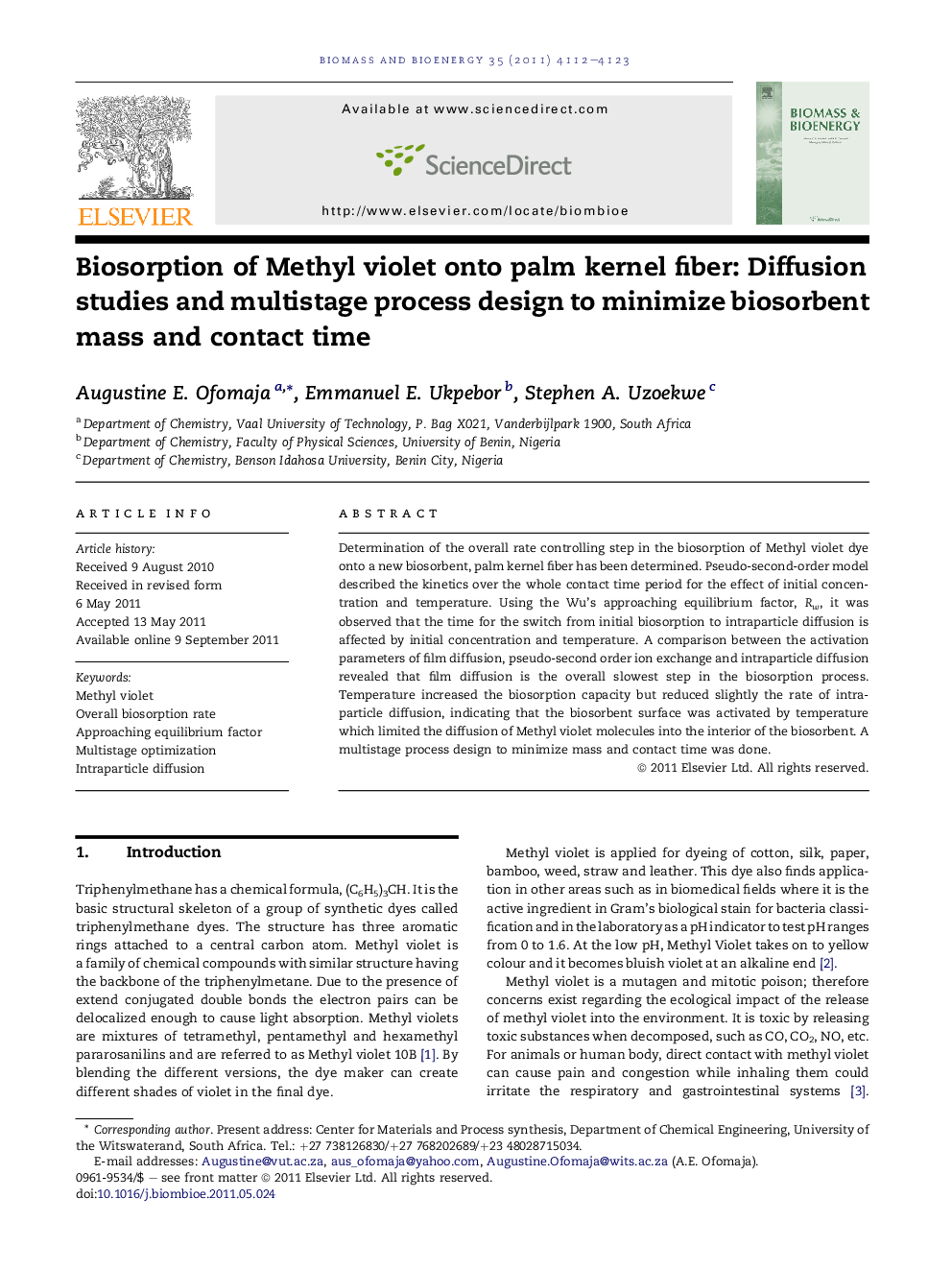 Biosorption of Methyl violet onto palm kernel fiber: Diffusion studies and multistage process design to minimize biosorbent mass and contact time