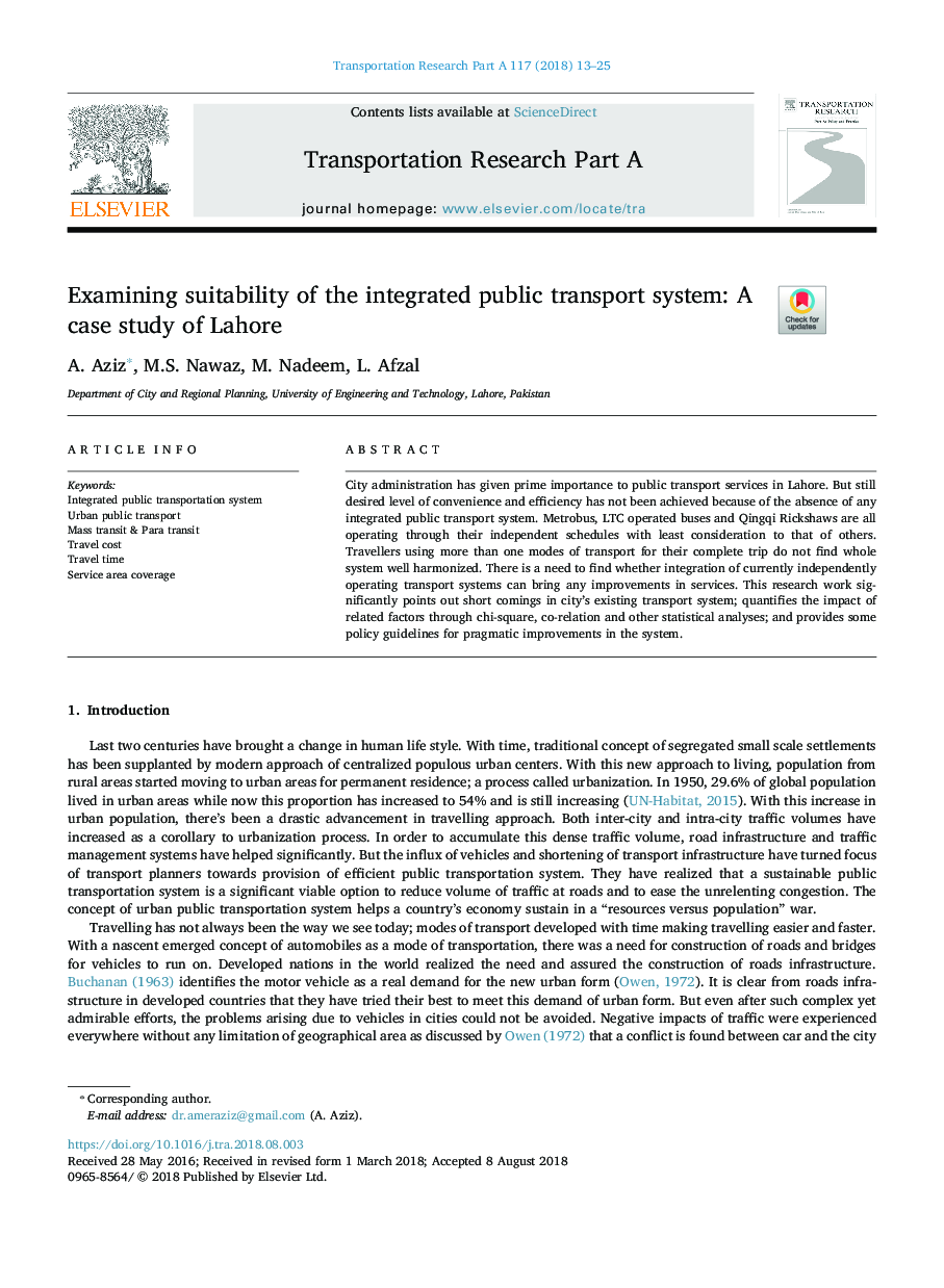 Examining suitability of the integrated public transport system: A case study of Lahore