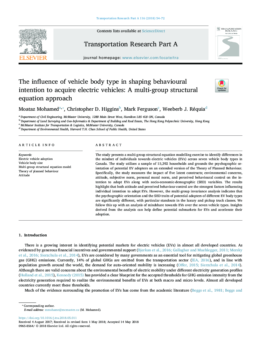 The influence of vehicle body type in shaping behavioural intention to acquire electric vehicles: A multi-group structural equation approach