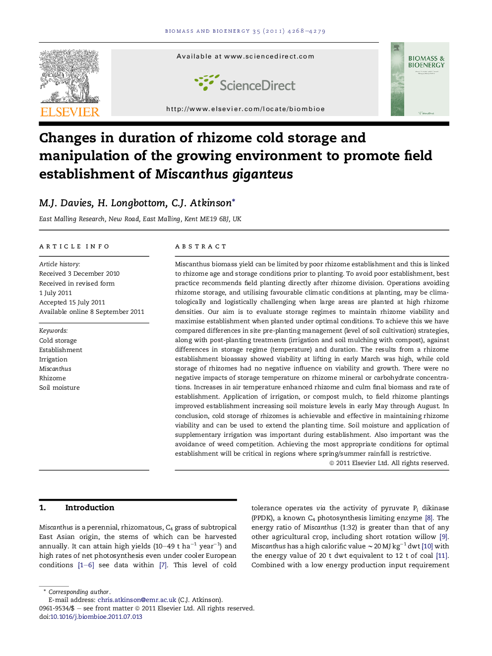 Changes in duration of rhizome cold storage and manipulation of the growing environment to promote field establishment of Miscanthus giganteus