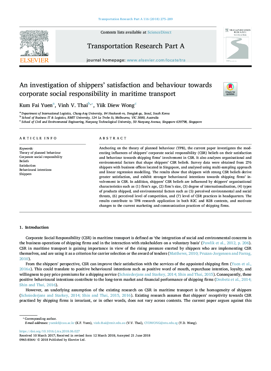 An investigation of shippers' satisfaction and behaviour towards corporate social responsibility in maritime transport