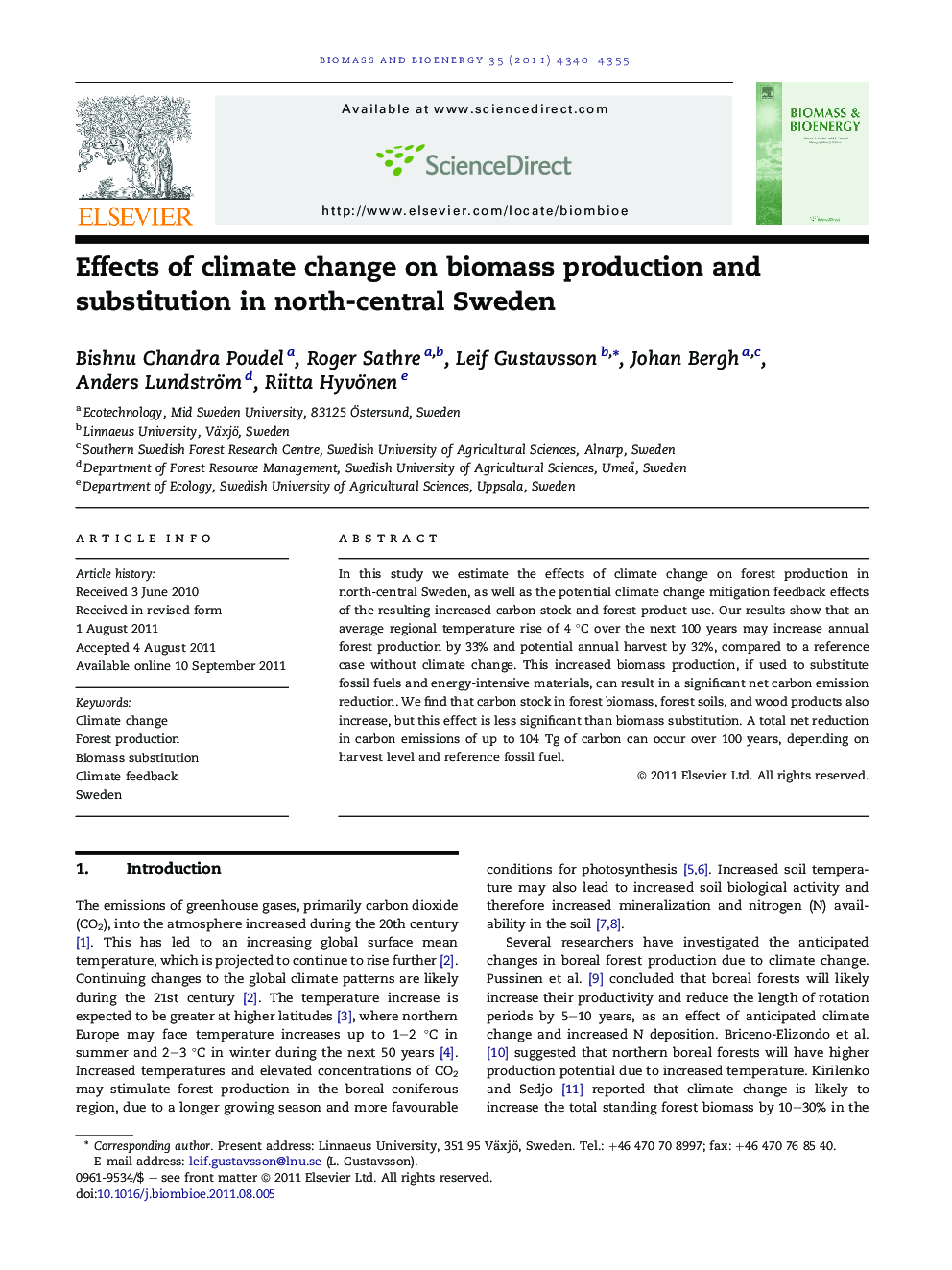 Effects of climate change on biomass production and substitution in north-central Sweden