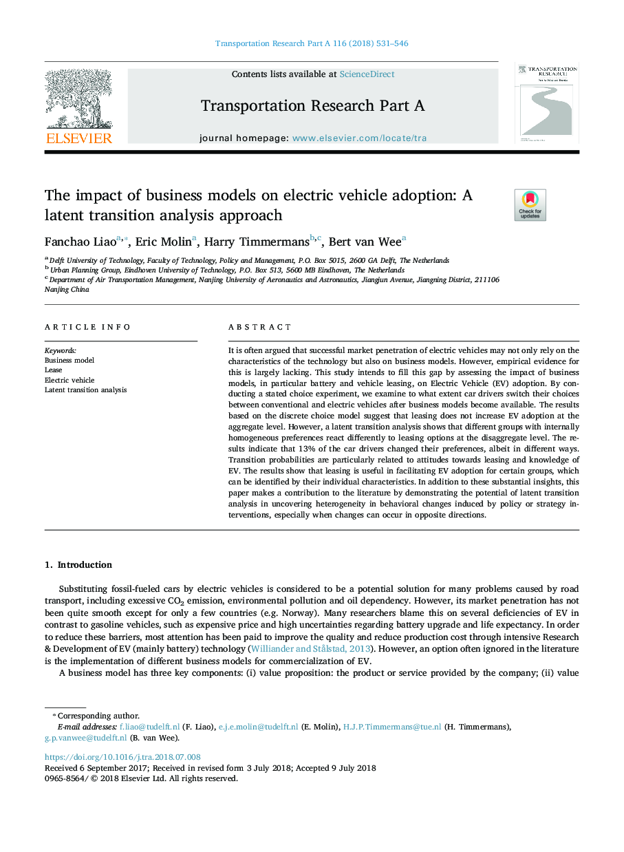 The impact of business models on electric vehicle adoption: A latent transition analysis approach