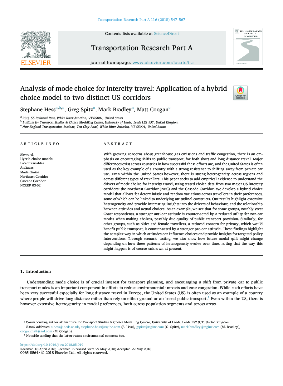 Analysis of mode choice for intercity travel: Application of a hybrid choice model to two distinct US corridors