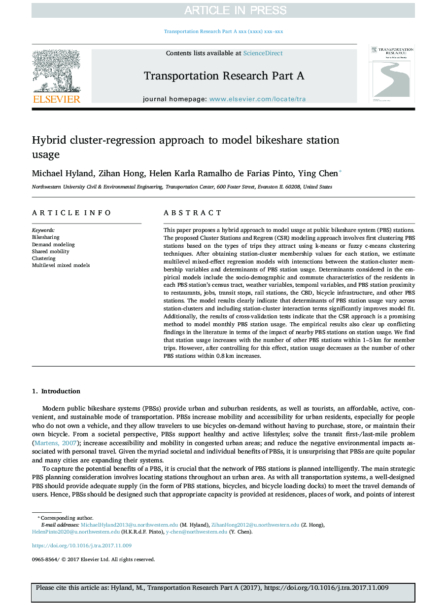 Hybrid cluster-regression approach to model bikeshare station usage