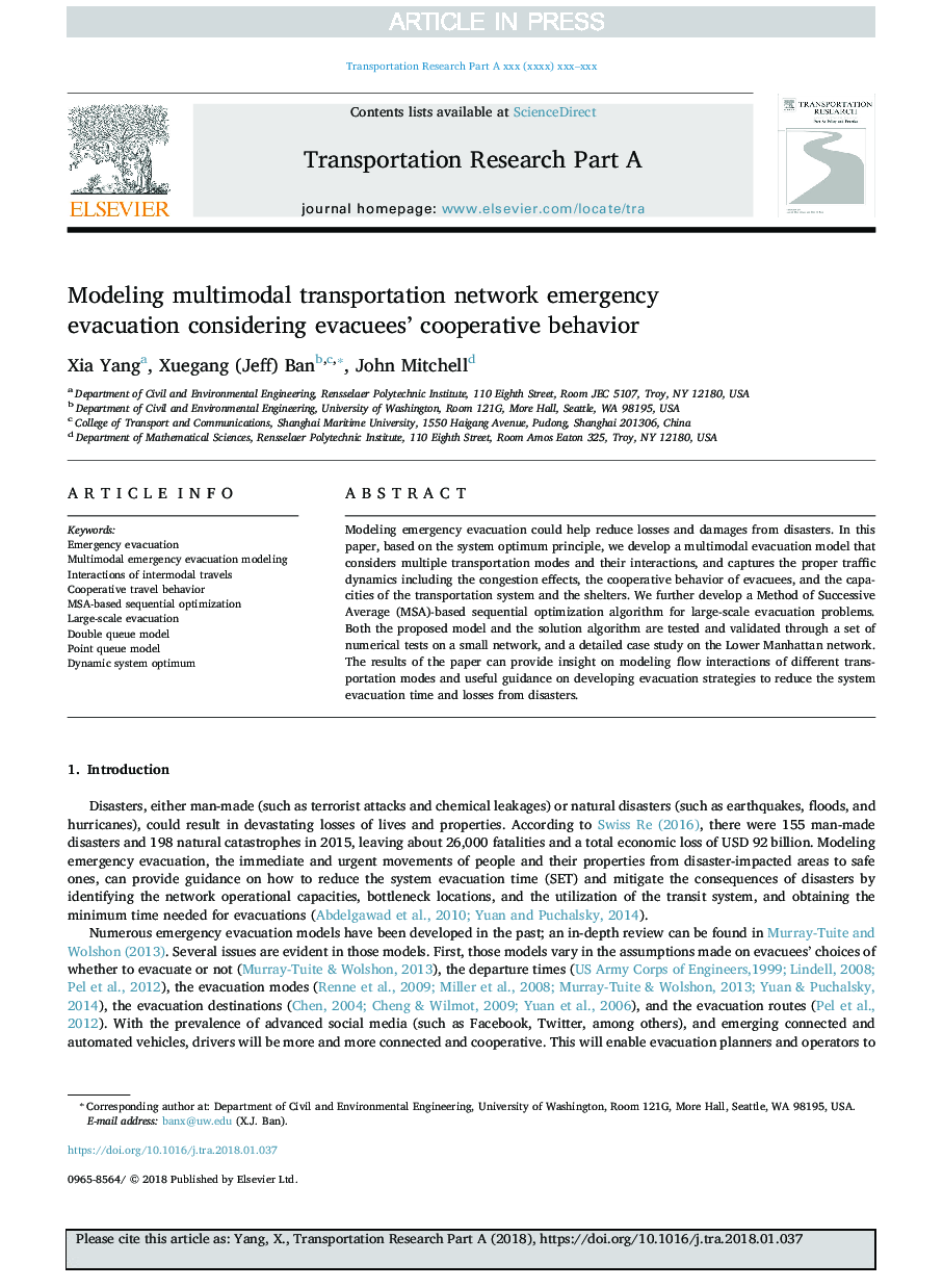 Modeling multimodal transportation network emergency evacuation considering evacuees' cooperative behavior