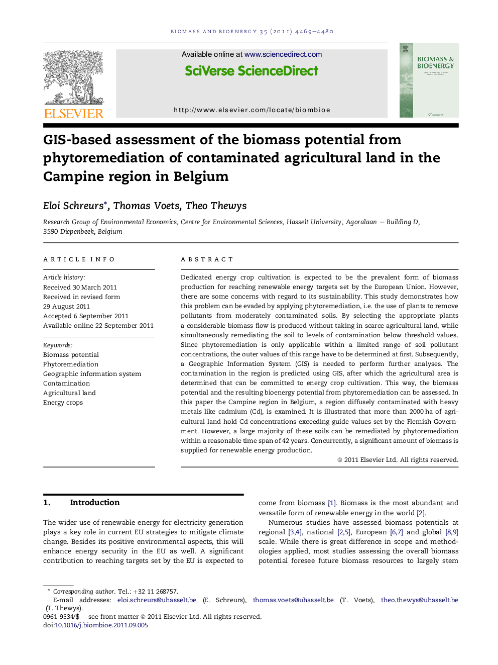 GIS-based assessment of the biomass potential from phytoremediation of contaminated agricultural land in the Campine region in Belgium