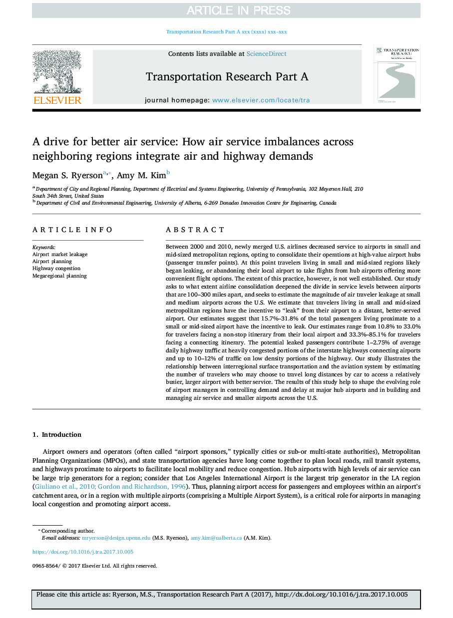 A drive for better air service: How air service imbalances across neighboring regions integrate air and highway demands