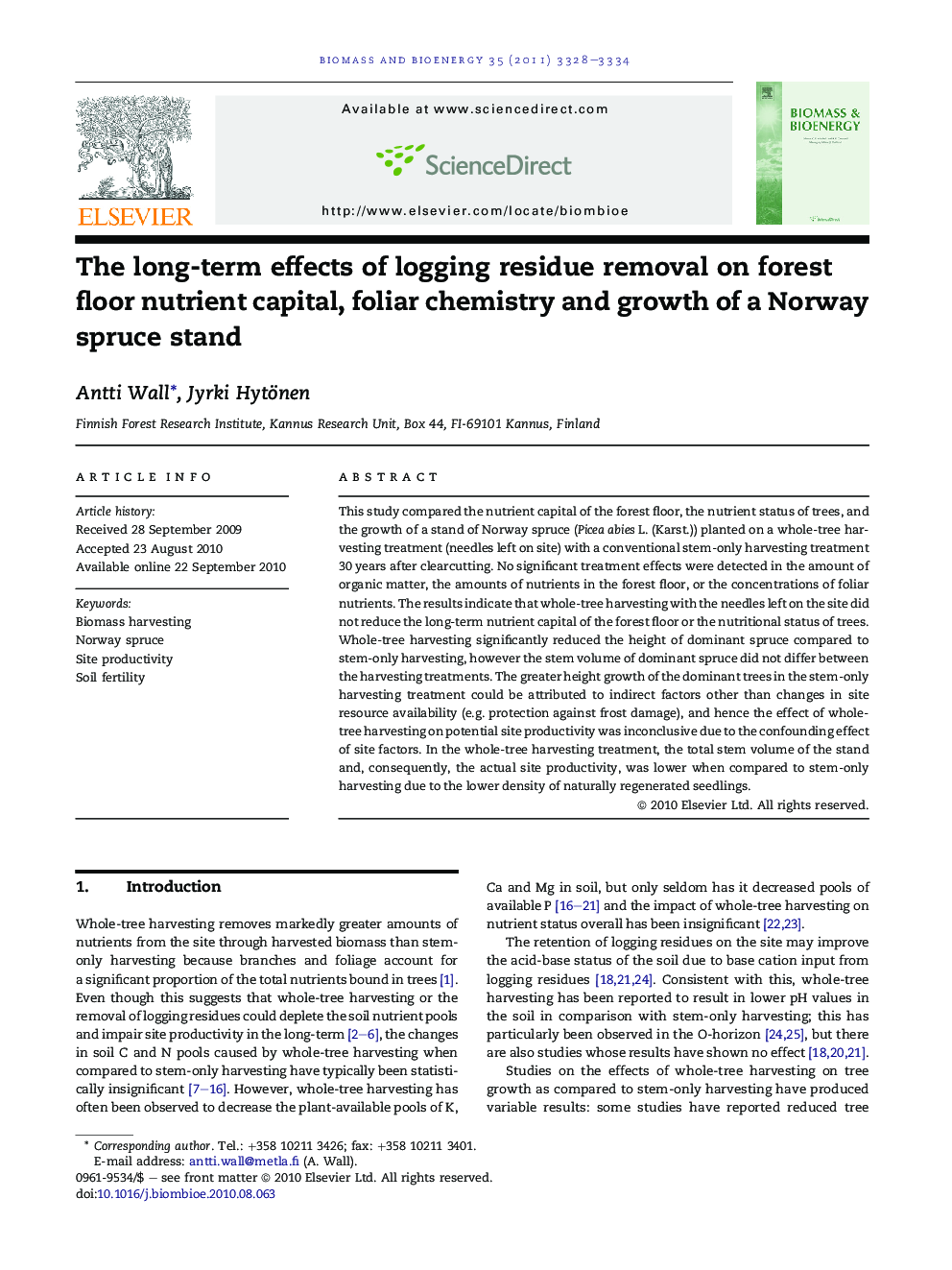 The long-term effects of logging residue removal on forest floor nutrient capital, foliar chemistry and growth of a Norway spruce stand