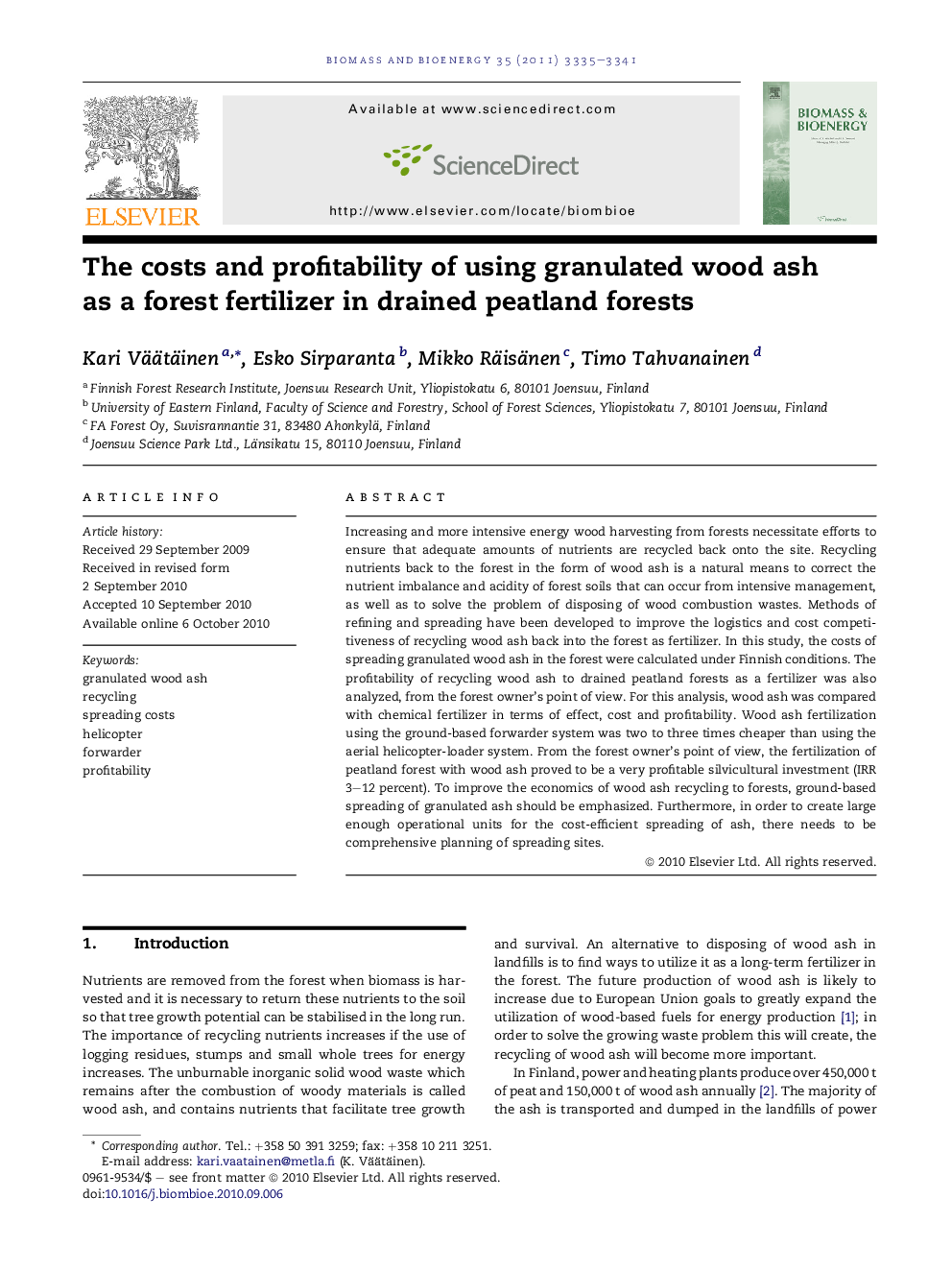 The costs and profitability of using granulated wood ash as a forest fertilizer in drained peatland forests