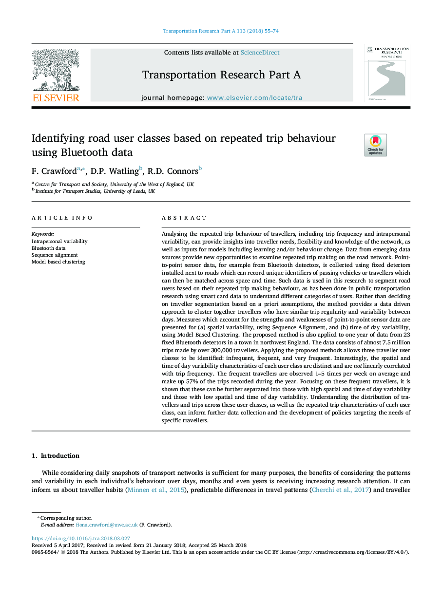 Identifying road user classes based on repeated trip behaviour using Bluetooth data