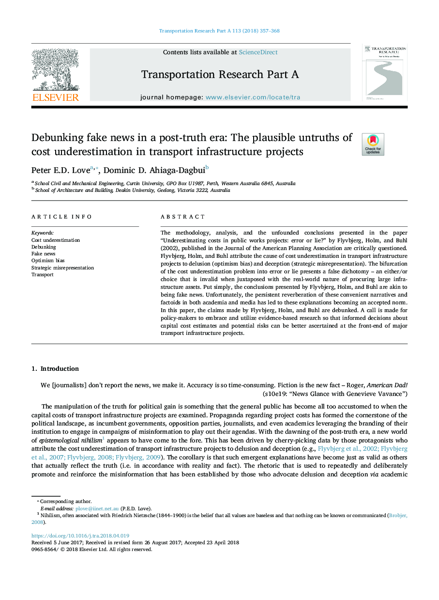 Debunking fake news in a post-truth era: The plausible untruths of cost underestimation in transport infrastructure projects