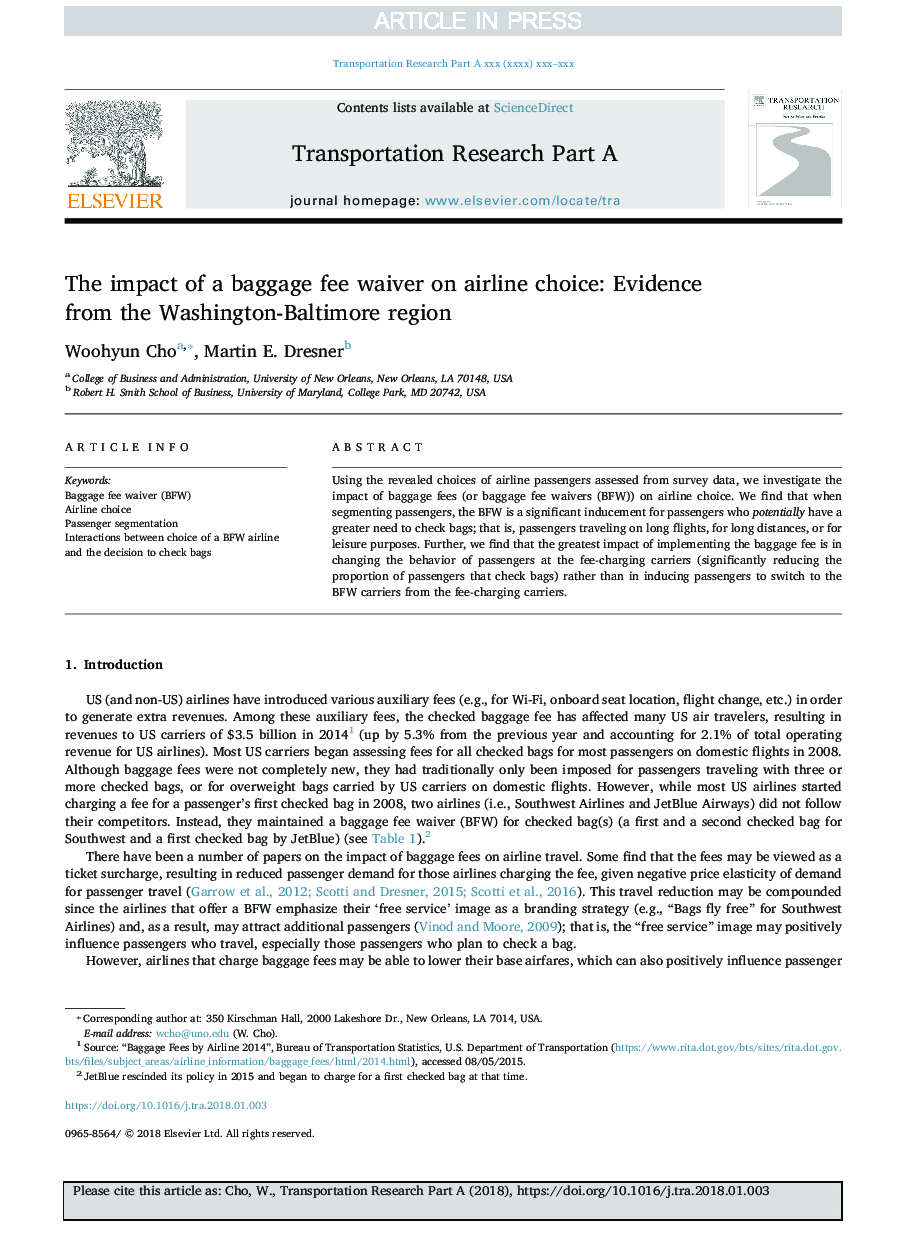 The impact of a baggage fee waiver on airline choice: Evidence from the Washington-Baltimore region