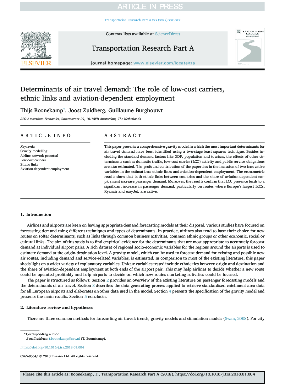 Determinants of air travel demand: The role of low-cost carriers, ethnic links and aviation-dependent employment