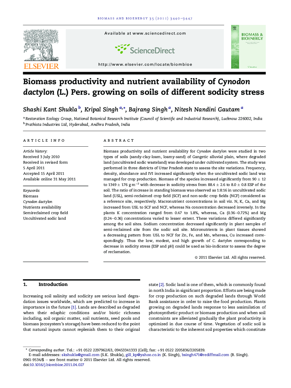 Biomass productivity and nutrient availability of Cynodon dactylon (L.) Pers. growing on soils of different sodicity stress