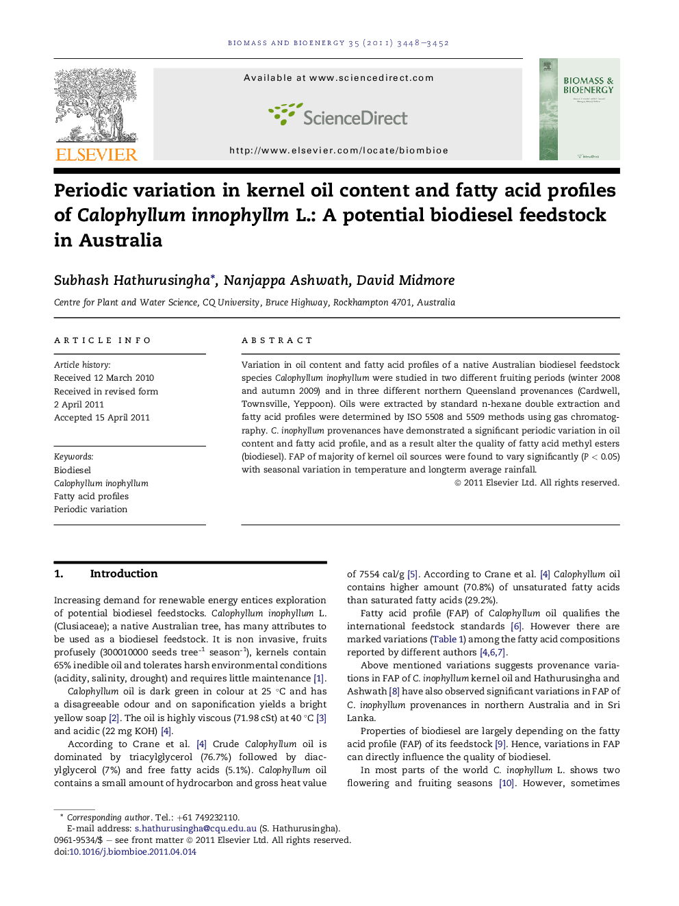 Periodic variation in kernel oil content and fatty acid profiles of Calophyllum innophyllm L.: A potential biodiesel feedstock in Australia