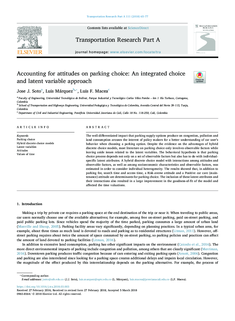 Accounting for attitudes on parking choice: An integrated choice and latent variable approach