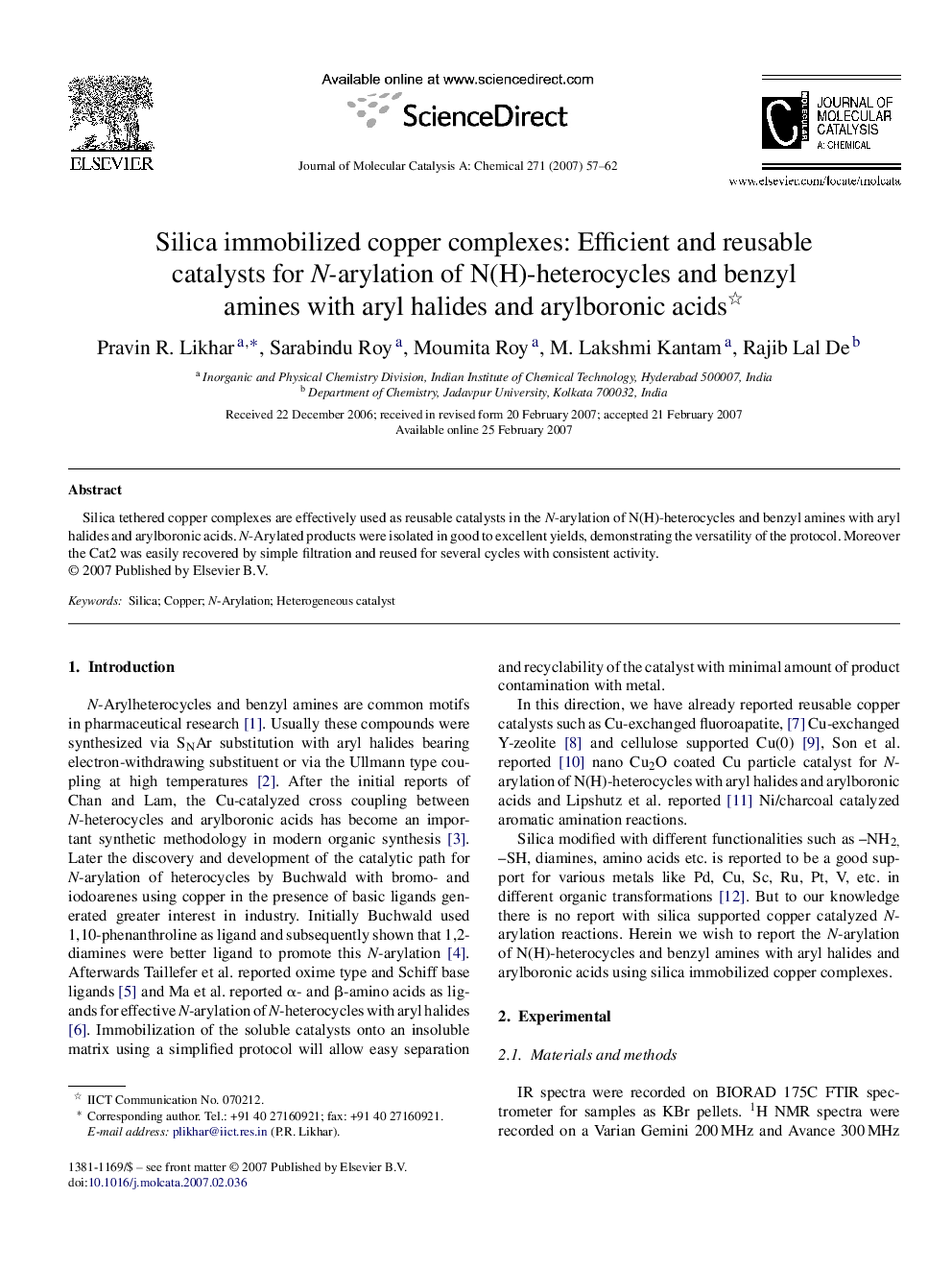 Silica immobilized copper complexes: Efficient and reusable catalysts for N-arylation of N(H)-heterocycles and benzyl amines with aryl halides and arylboronic acids 