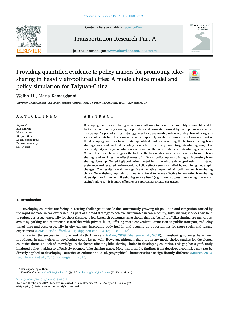 Providing quantified evidence to policy makers for promoting bike-sharing in heavily air-polluted cities: A mode choice model and policy simulation for Taiyuan-China