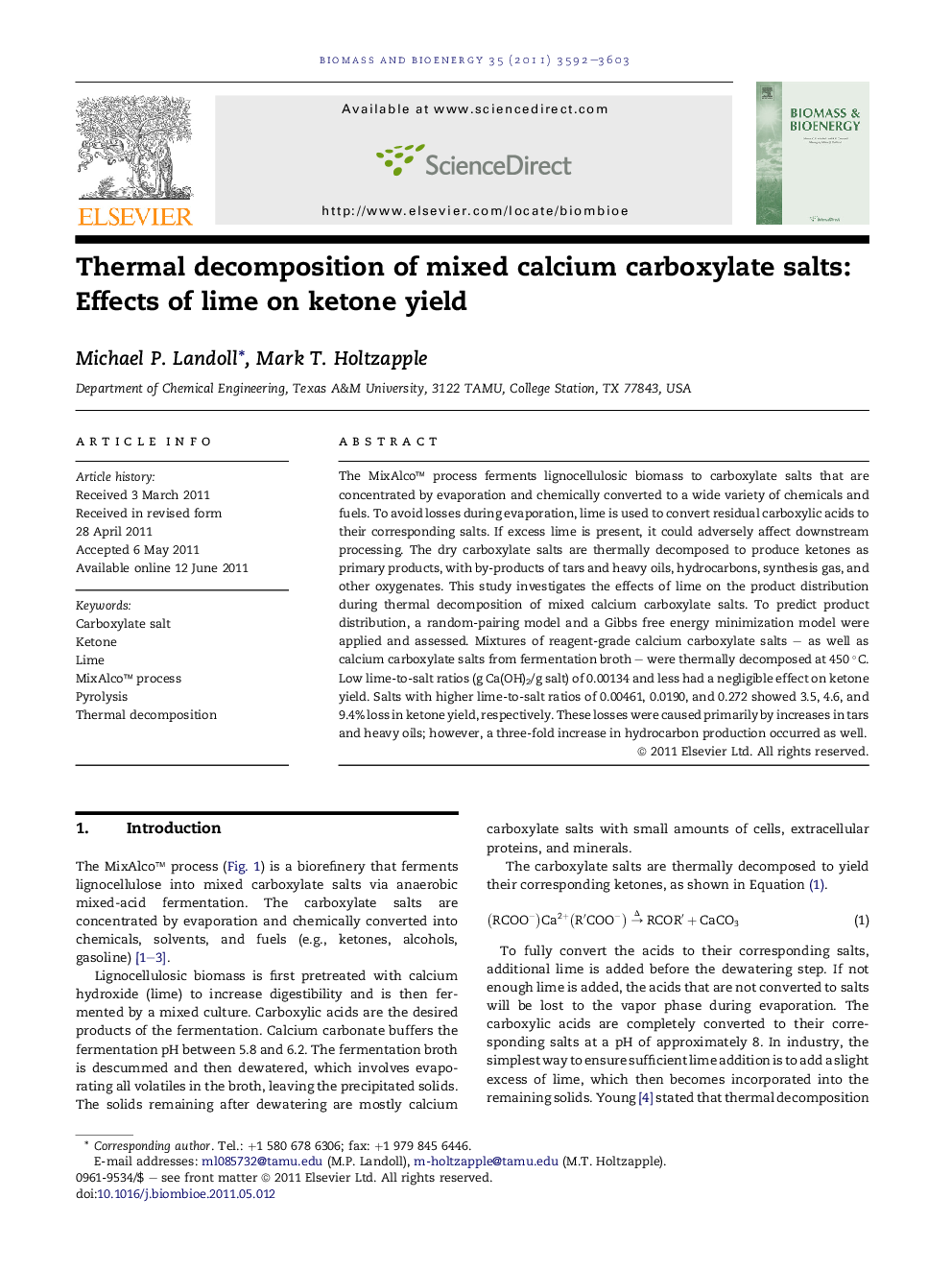 Thermal decomposition of mixed calcium carboxylate salts: Effects of lime on ketone yield