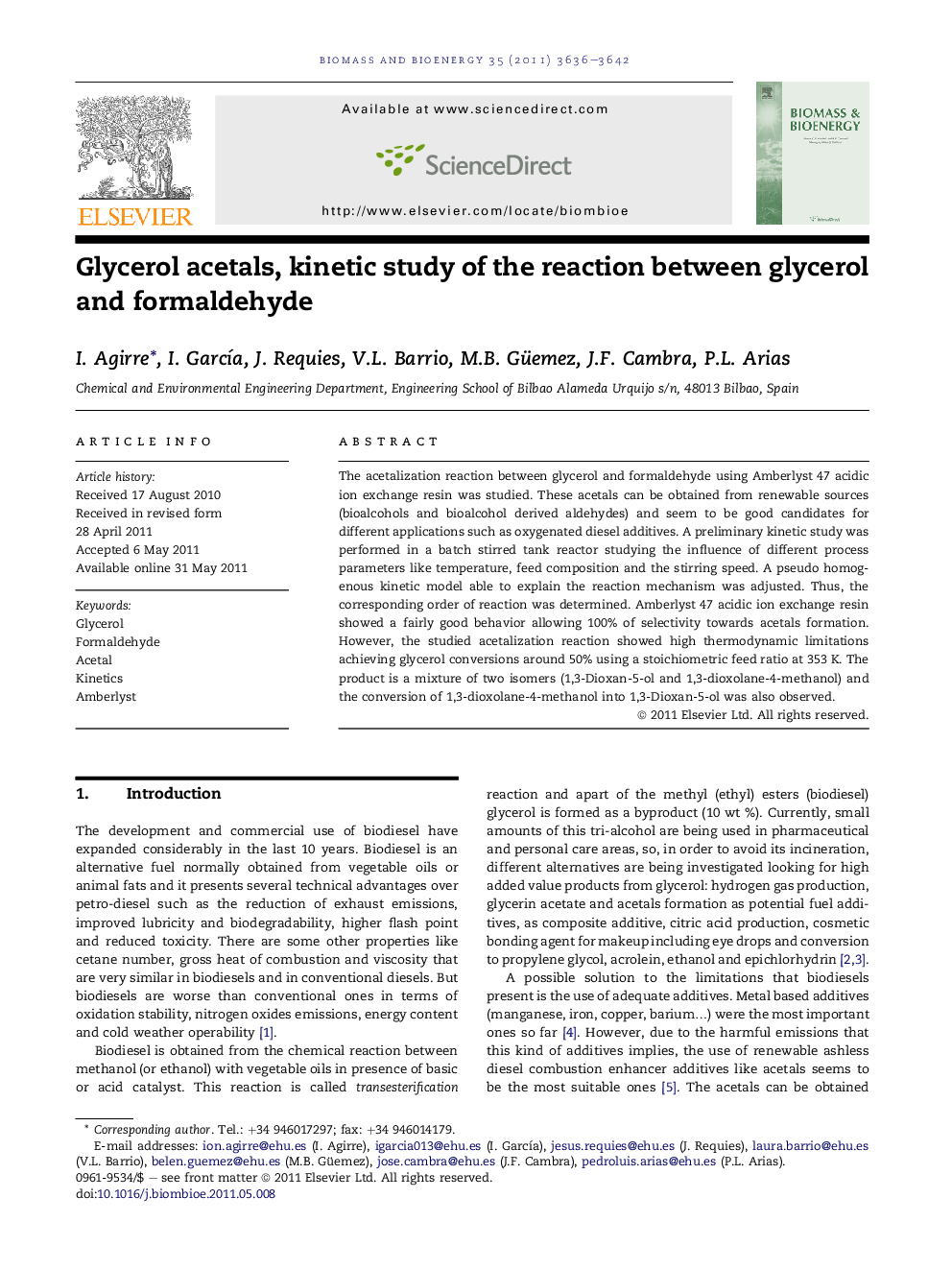 Glycerol acetals, kinetic study of the reaction between glycerol and formaldehyde