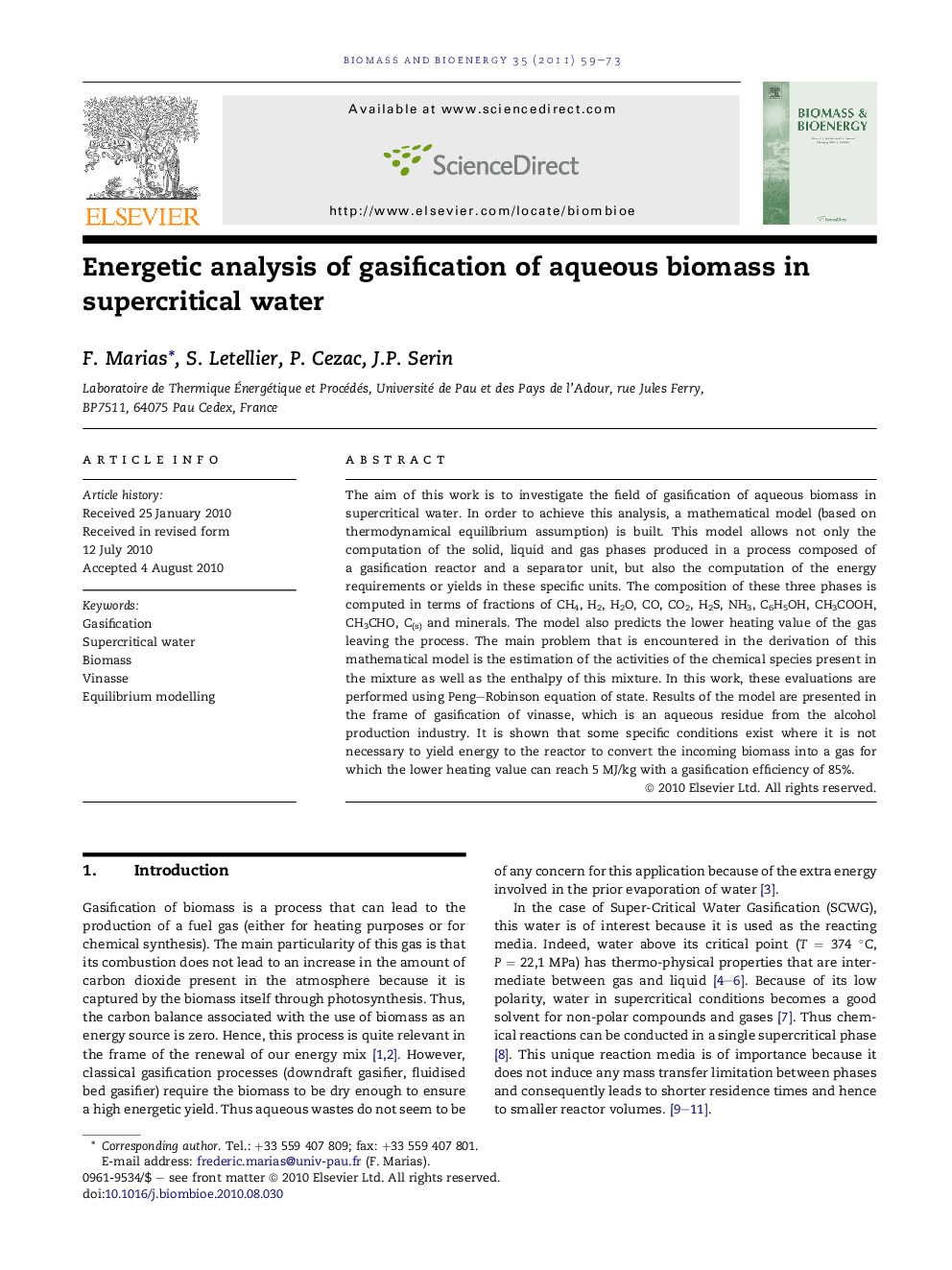 Energetic analysis of gasification of aqueous biomass in supercritical water